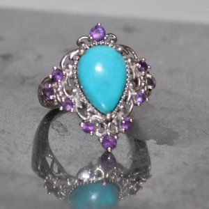 925 Sterling Silver Kingman Sleeping Beauty Turquoise & Amethyst Statement Ring